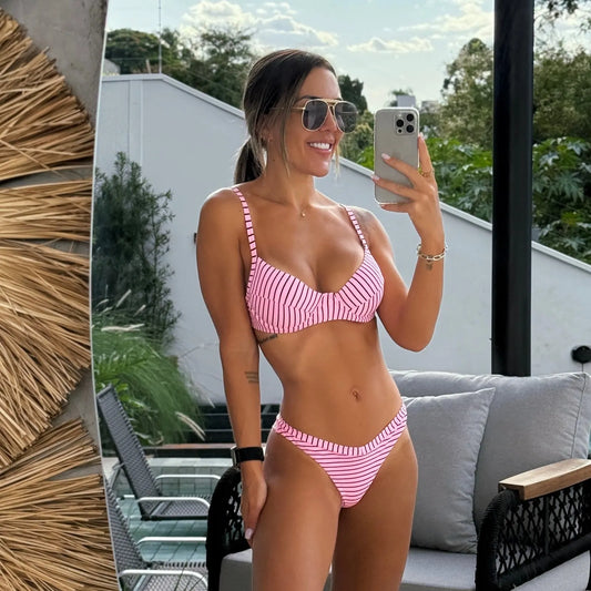 Bikini Catiele Rayado Negro-Rosa Power